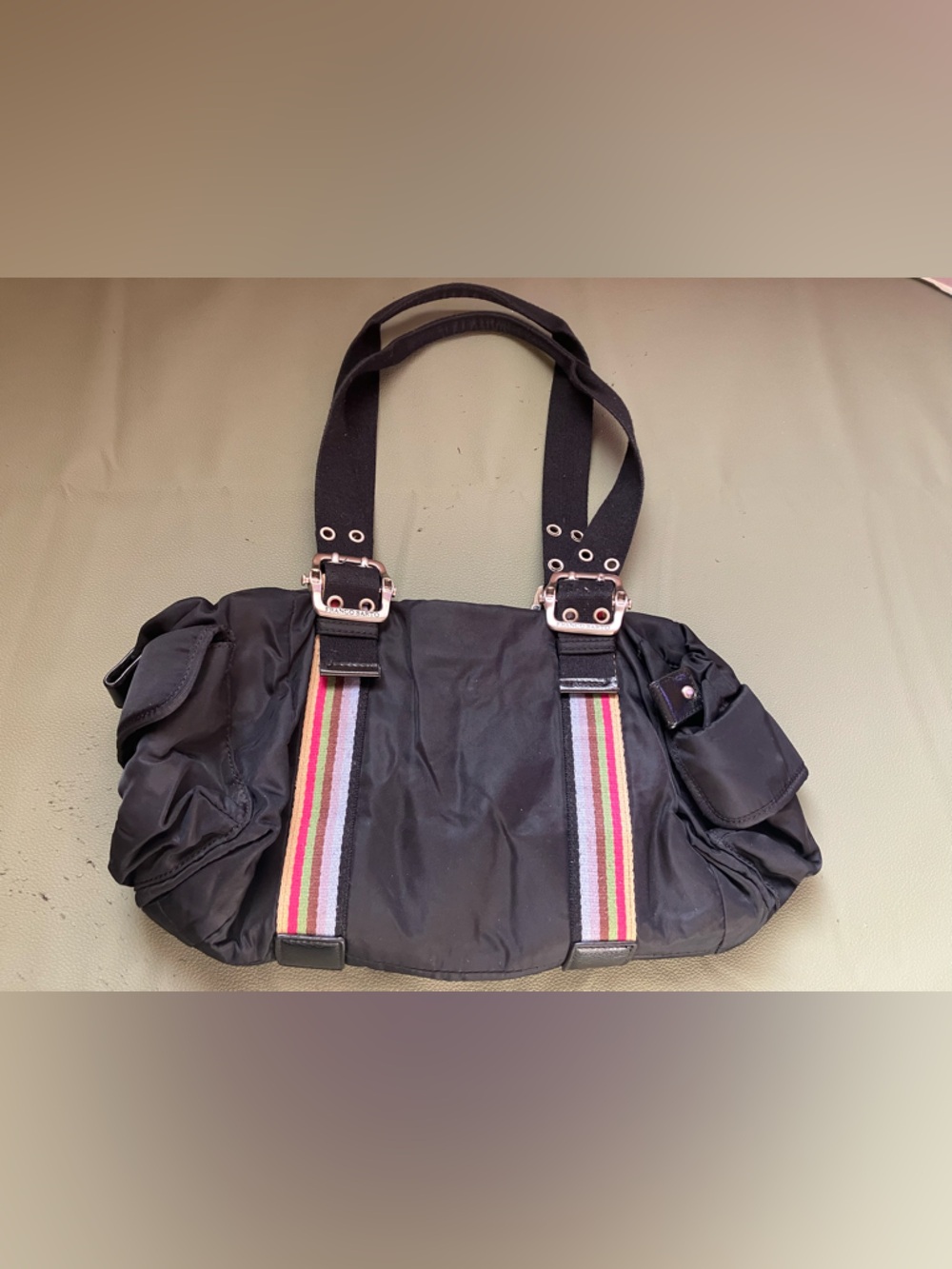 Y2K Nylon Puffer Shoulder Bag Franco Sarto Logo Buckle Black Lime Interior